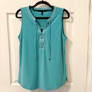 White House Black Market Turquoise Lace Up Front Tank Top Round Neck Size M